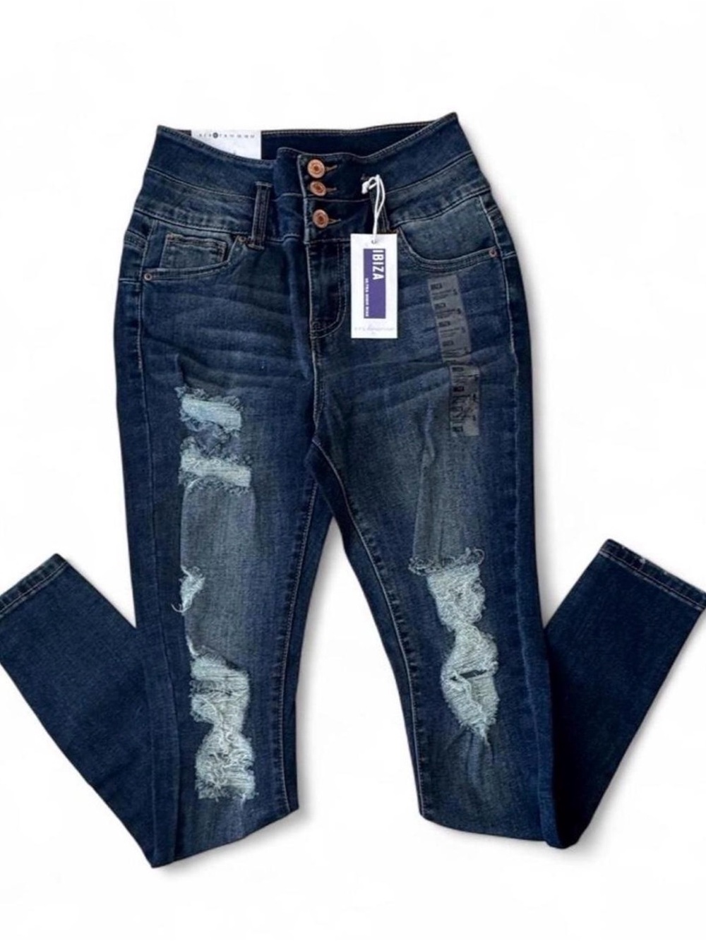 Triple-Button Distressed High-Rise Skinny Jeans Size Indigo Brand New With Tags
